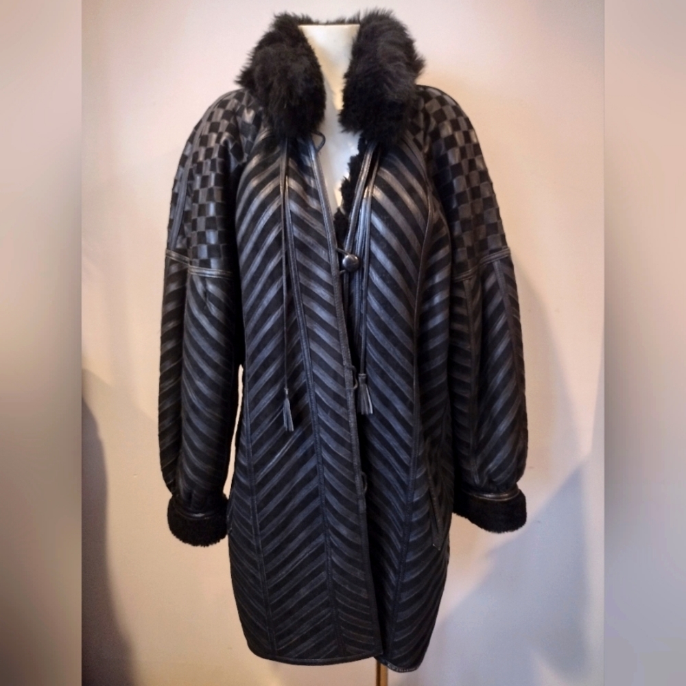 Shearling Originals Vintage Leather and Shearling Chevron Coat SZ 12